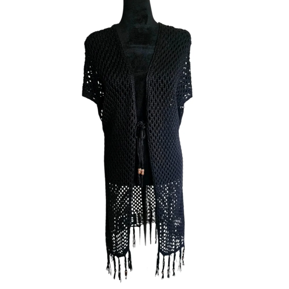 Artesia Black Mesh Open Front Crochet Knit  Fringe Cardigan Size L
